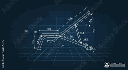 Detailed technical blueprint of an adjustable fitness weight bench, illustrating precise engineering specifications and ergonomic design for strength training equipment