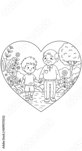 Grandfather and Grandson Holding Hands Walking in a Heart-Shaped Garden