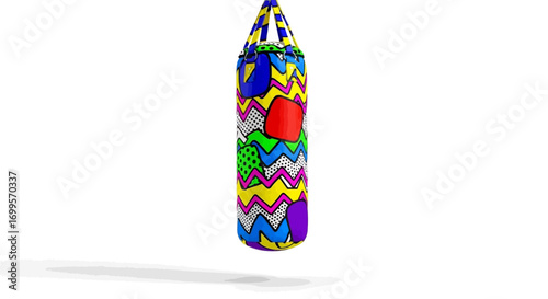Dynamic and eye-catching illustration of a colorful punching bag adorned with vibrant abstract patterns, perfect for depicting fitness, training, and sports activities