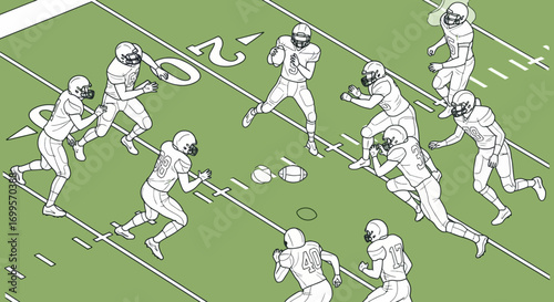 Dynamic isometric illustration capturing the thrilling essence of an American football game in action, with players engaged in a strategic play on a green sports field
