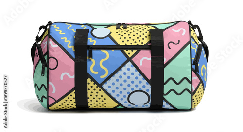 Stylish travel duffel bag with a retro Memphis style pattern, featuring vibrant abstract geometric shapes, squiggles, and dots on a white background