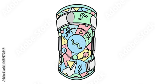 Retro Memphis-style illustrated graphic of a colorful brace with abstract geometric shapes and wavy lines on a white background