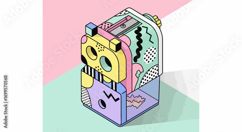 Abstract 3D Illustration of a Colorful Pencil Sharpener on Pastel Background