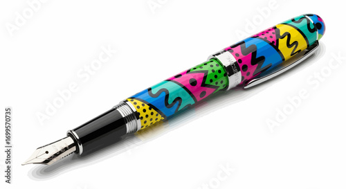 A distinctive and elegant writing instrument, this fountain pen boasts a vibrant, abstract design with geometric shapes and bold colors, perfect for creative expression