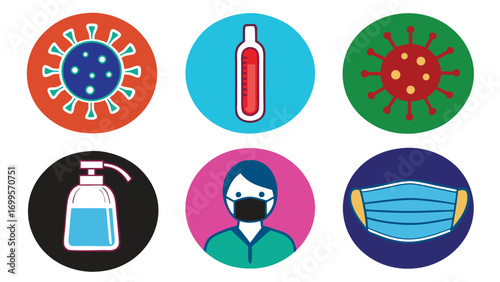 Title: Covid safety icons illustration with virus mask sanitizer thermometer and doctor 

