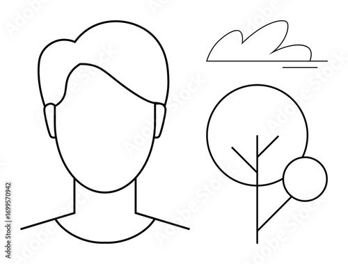 Outline of a human head, a simple tree, and a cloud conveying harmony between people and nature. Ideal for sustainability, simplicity, balance, growth, ecology mindfulness connection. A simple flat