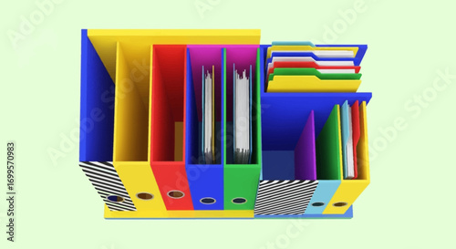 Organization station with colorful binders and document holders, perfect for office or home