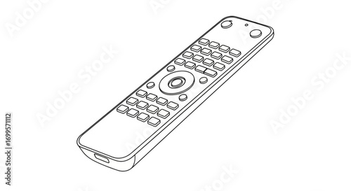Illustration of a modern electronic remote control device with numerous buttons for operating various devices