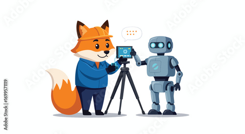 Fox in hard hat and robot interacting with a tablet on a tripod