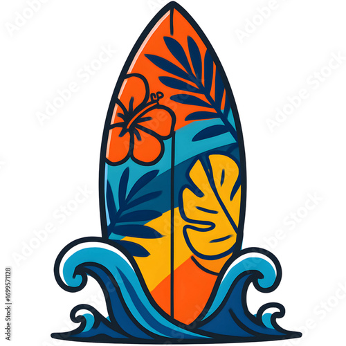 Vibrant summer surfing concept with a surfboard decorated with hibiscus flowers and tropical monstera leaves in ocean waves