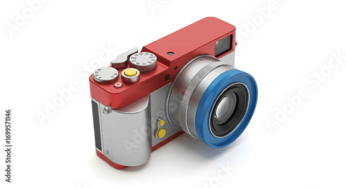 Modern Red and Silver Camera with Blue Accents Capturing Moments in Time