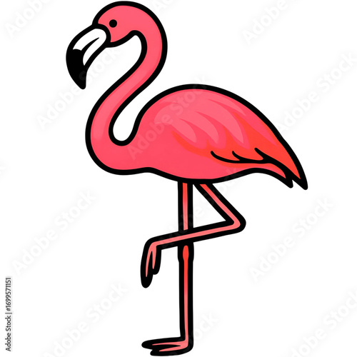 Cheerful cartoon drawing of a tropical pink flamingo standing on one leg. A simple and elegant vector illustration of an exotic bird isolated on white