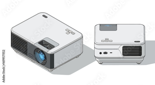 Isometric vector illustration of a modern digital video projector from two angles. Technology concept for business presentations and home cinema