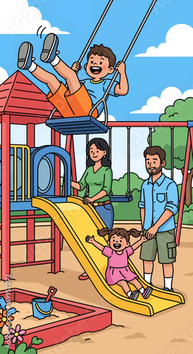 Happy Family Enjoying a Sunny Day at a Vibrant Playground with Swings and Slide
