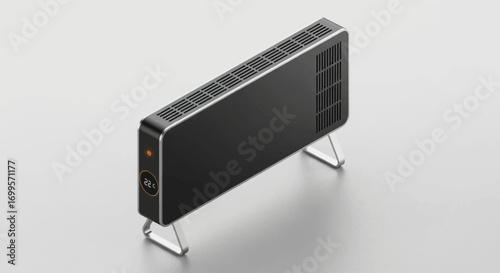 Modern electric heater with digital display, sleek design, and metallic accents, perfect for home or office heating solutions
