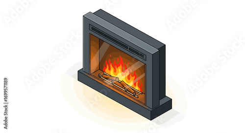 Isometric illustration of a sleek, modern fireplace with a warm, crackling fire and burning logs, depicting comfort and coziness in a contemporary home setting, perfect for interior design concepts