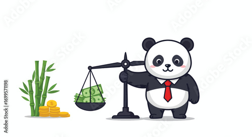 Cartoon panda in a suit holds a scale with money and bamboo