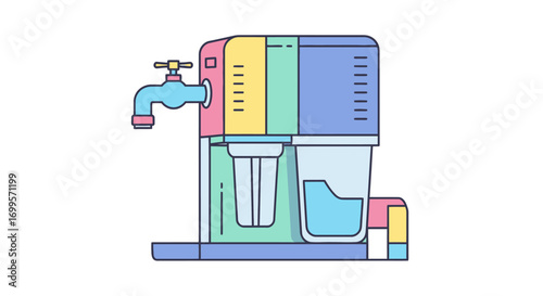 Conceptual illustration of a modern water purification system for homes. Colorful design showcasing technology for clean, healthy drinking water filtration