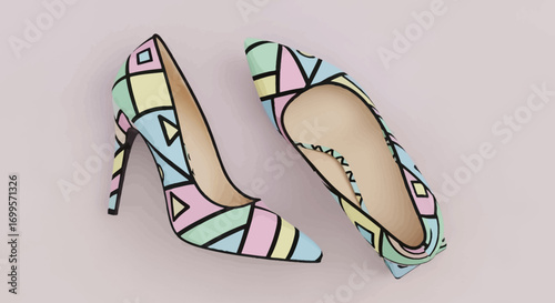 Stylish pair of women's high heel shoes with a vibrant pastel geometric mosaic pattern. Modern fashion accessory flat lay on a plain background