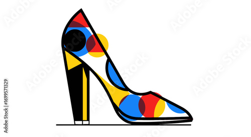 Conceptual fashion illustration of a stiletto shoe featuring a vibrant, abstract pop art pattern with colorful geometric circles