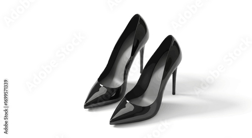 Classic and stylish pair of shiny black high-heeled shoes with stiletto heels isolated on a white studio background. Concept of women's fashion and elegance