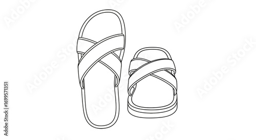 Outline sketch of a pair of casual beach slippers with a criss-cross design. A clean and simple line art vector graphic for fashion concepts