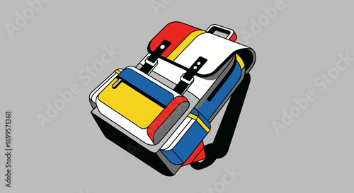 Modern pop art inspired rucksack with bold primary color blocking. Isometric vector illustration of a stylish student satchel for back to school concepts