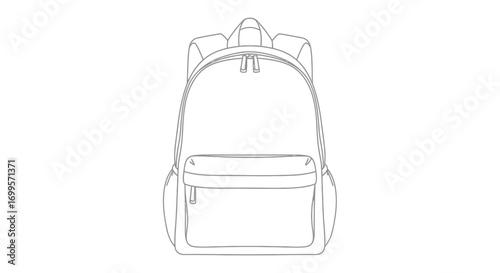 Minimalist outline drawing of a classic rucksack. Simple black line art illustration of a backpack for school and travel concepts, isolated on white
