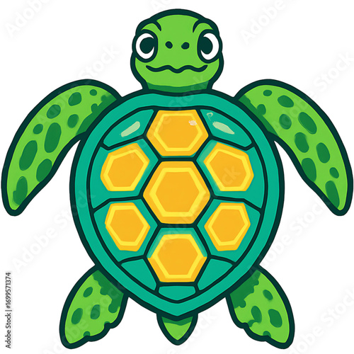A charming and cute cartoon illustration of a smiling green sea turtle, an adorable marine reptile character isolated on a white background