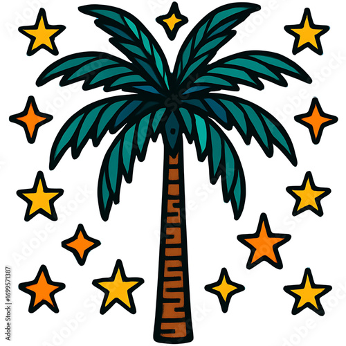 Vibrant doodle of a tropical coconut palm tree surrounded by sparkling celestial stars, an isolated vector graphic for summer designs and vacation themes