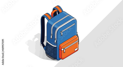 Modern blue and orange rucksack illustration in an isometric perspective, an essential bag for school, travel, and everyday carry