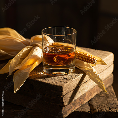 A glass of amber liquor with ice sits on rustic wooden boards next to dried corn husks and a small corn cob.