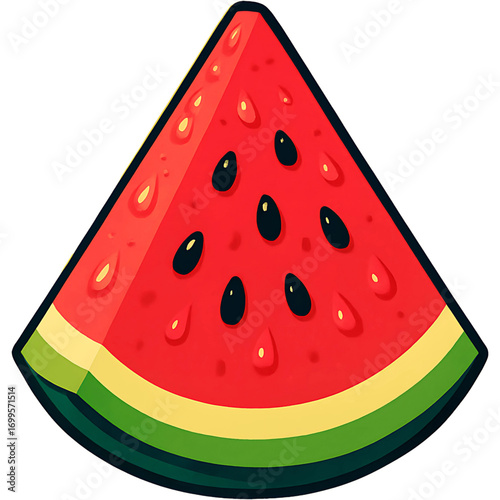 Juicy red watermelon slice with black seeds, a vibrant cartoon illustration symbolizing summer freshness and healthy, delicious fruit