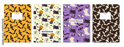 Set of four Halloween-themed notebooks featuring vector illustrations with bats, pumpkins, cats, and ghostly patterns. Vibrant covers create a festive vibe for note-taking or journaling.
