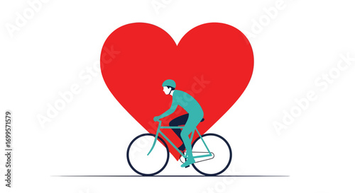 Healthy Cyclist Riding Bicycle in Front of Red Heart Shape, Symbolizing Fitness and Love for Sport