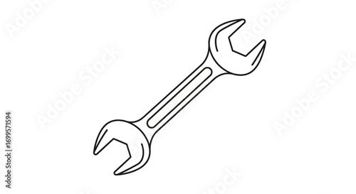 Minimalist black and white line art of a double open-ended wrench, an essential tool icon for repair, construction, and mechanical service