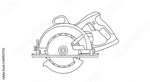 A detailed line art illustration of a powerful handheld circular saw, an essential tool for carpentry, construction, and industrial projects