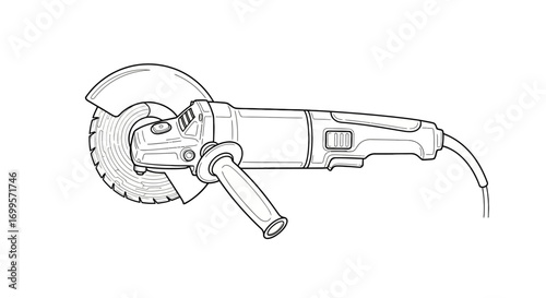 An isolated line art illustration of an angle grinder power tool. Technical outline drawing of a hand-held cutting and grinding machine on a white background