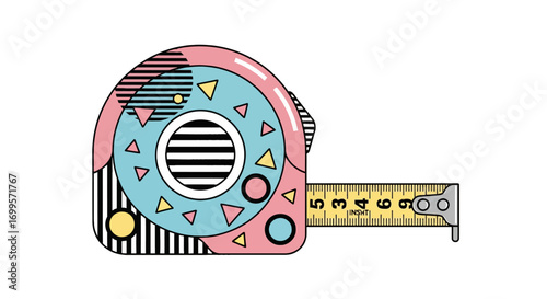 Vibrant tape measure illustration in a retro 80s Memphis design style, featuring bold geometric patterns and pastel colors for a nostalgic aesthetic