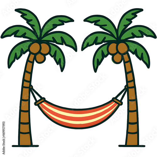 Tropical paradise hammock between two palm trees with coconuts, perfect for vacation and relaxation imagery