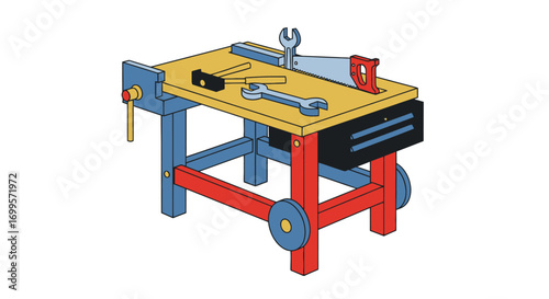 Colorful children's toy workbench with a collection of carpentry tools for imaginative pretend play, depicted in a simple vector illustration
