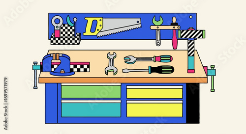 Colorful vector illustration of a DIY workshop with a workbench and essential hand tools for crafting and repair