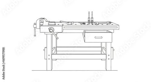 Minimalist vector drawing of a carpenter's workshop bench equipped with a vise and tools, symbolizing skilled labor and hobbyist creation