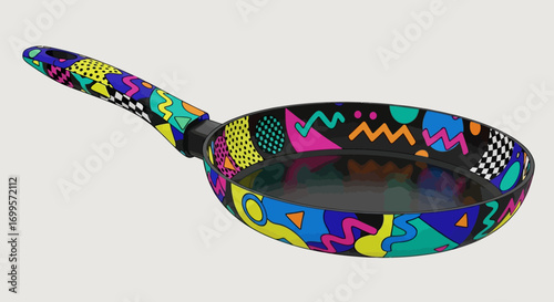 Vibrant and colorful frying pan featuring a retro 1980s Memphis style design with abstract geometric shapes and patterns, isolated on a neutral background