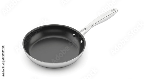 A clean stainless steel non-stick frying pan or skillet isolated on a pure white background for cooking