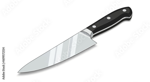 A single professional chef's knife with a shiny steel blade and black handle. Vector illustration of a kitchen utensil for cutting and cooking, isolated on white