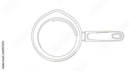 Minimalist black and white line art illustration of a saucepan viewed from above, hand-drawn sketch style for cooking and culinary concepts