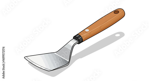 Detailed illustration of a versatile kitchen spatula with a classic wooden handle, isolated on a plain white background. This cooking utensil is essential for flipping and serving food