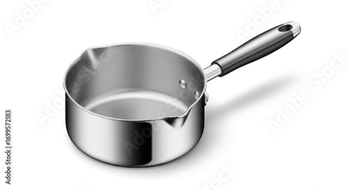 A single empty stainless steel saucepan with a handle, an essential piece of kitchen cookware, isolated on a clean white background