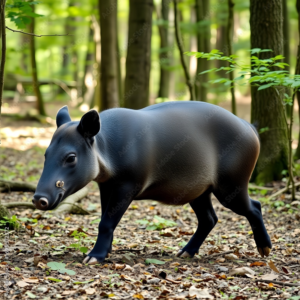 Fototapeta premium A solitary dark skinned tapir walks through a sunlit forest with fallen leaves on the ground